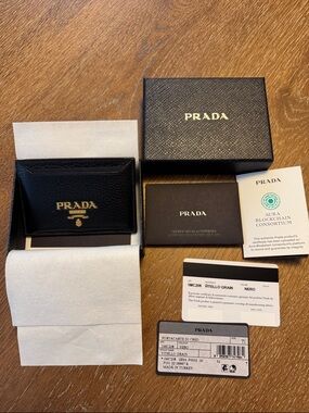 Prada Black Saffiano Leather Card & Key Holder with Gold Logo